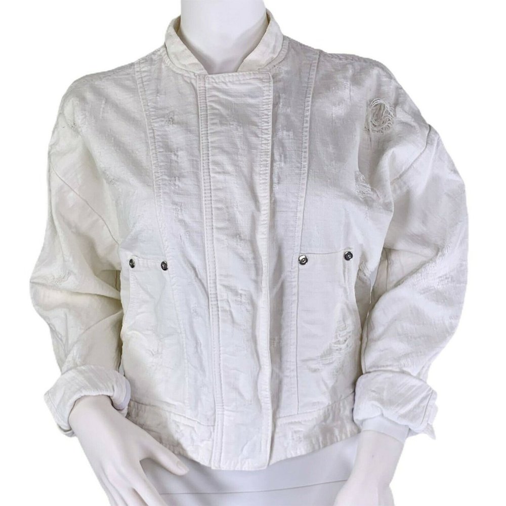 Free People Distressed Off White Denim Jean Jacket - Picture 4 of 12